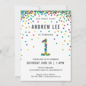 Boys 1st Birthday Party, Primary Color Confetti Invitation (Front)