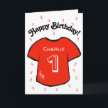 boy's 1st birthday red football shirt card<br><div class="desc">Personalized boy's 1st birthday card with a red football/ soccer shirt design. A lovely card for a son or grandson who is turning one. If desired, the card can be customized any age and your own message, as well as the child's name can be included. Blue versions of this card...</div>