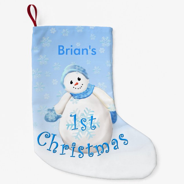 Boy's 1st Christmas Snowman Custom Name Small Christmas Stocking (Front)