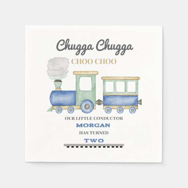 Boy's 2nd Birthday Blue Train Chugga Choo   Napkins (Front)