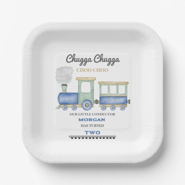 Boy's 2nd Birthday Blue Train Chugga Choo   Paper Plates (Front)