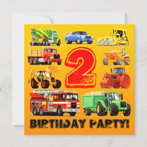 Boys 2nd Birthday Construction Truck Party Invitation
