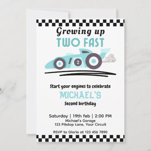 Boys 2nd Birthday Growing Up Two Fast Race Car Invitation