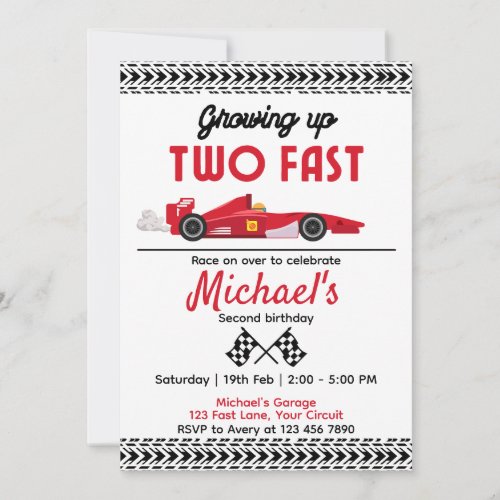 Boys 2nd Birthday Growing Up Two Fast Red Race Car Invitation