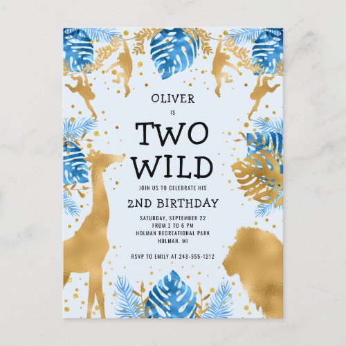 Boys 2nd Birthday Party Pale Blue Gold Safari Postcard