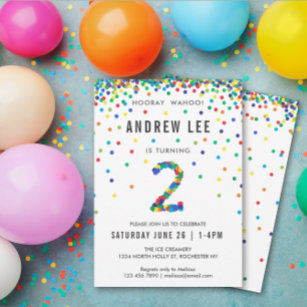 Boys 2nd Birthday Party, Primary Color Confetti Invitation