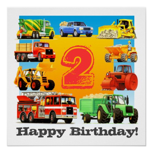 Boys 2nd Happy Birthday Custom Construction Truck Poster