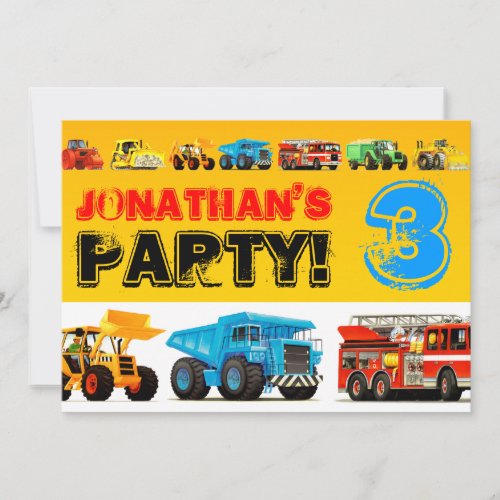 Boys 3rd Birthday Construction Truck Party Invitation