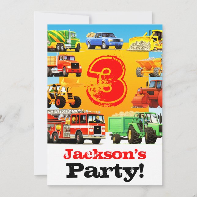 Boys 3rd Birthday Construction Truck Party Invitation (Front)