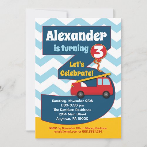 Boys 3rd Birthday Invitation Fire Truck