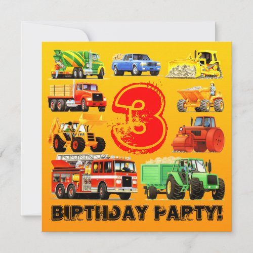 Boys 3rd Birthday Party Custom Construction Truck Invitation