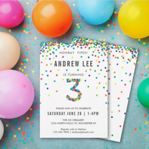 Boys 3rd Birthday Party Primary Color Confetti Invitation