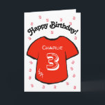 boy's 3rd birthday red football shirt card<br><div class="desc">Personalized boy's 3rd birthday card with a red football/ soccer shirt design. A lovely card for a son or grandson who is turning three. If desired, the card can be customized to any age and your own message, as well as the child's name can be included. Blue versions of this...</div>