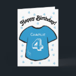 boy's 4th birthday blue football shirt card<br><div class="desc">Personalized boy's 4th birthday card with a blue football/ soccer shirt design.
A lovely and fun card for a son,  grandson or nephew who is turning four.  
If desired,  the card can be customized any age and your own message,  as well as the child's name can be included.</div>