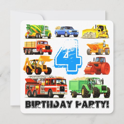 Boys 4th Birthday Construction Truck Party Invitation | Zazzle