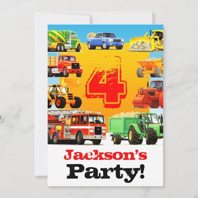 Boys 4th Birthday Construction Trucks Party Invitation (Front)