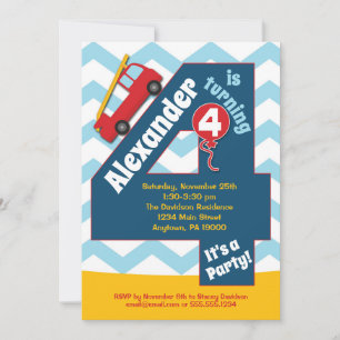 Boys 4th Birthday Invitation Fire Truck
