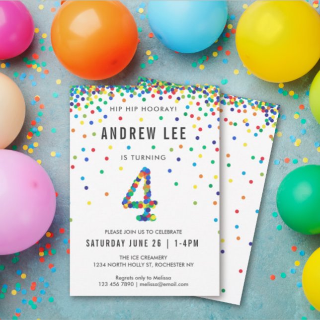 Boys 4th Birthday Party, Primary Color Confetti Invitation (Creator Uploaded)