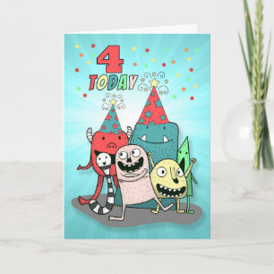Boys 4th Birthday Red and Blue Cartoon Monsters Holiday Card