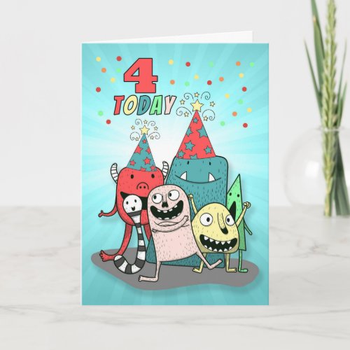 Boys 4th Colorful Monster Birthday Card