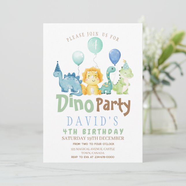Boys 4th Dino Birthday Party  Invitation (Standing Front)
