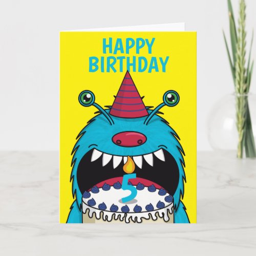 Boys 5th Birthday Blue Monster Cute Card