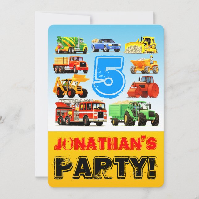 Boy's 5th Birthday Construction Truck Party Invitation (Front)