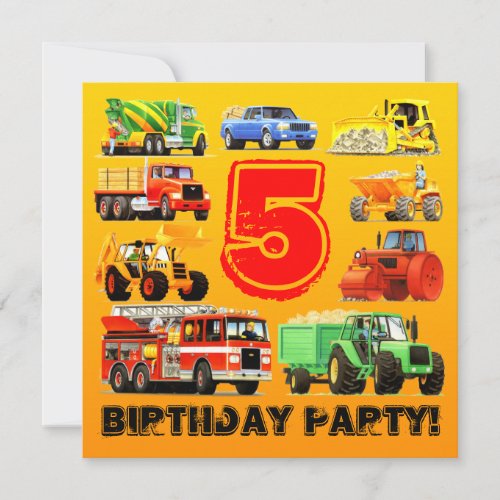 Boys 5th Birthday Construction Truck Party Invitation