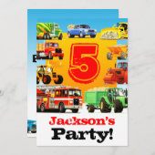 Boys 5th Birthday Construction Trucks Party Invitation (Front/Back)
