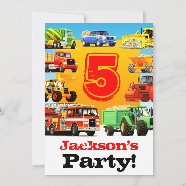 Boys 5th Birthday Construction Trucks Party Invitation (Front)