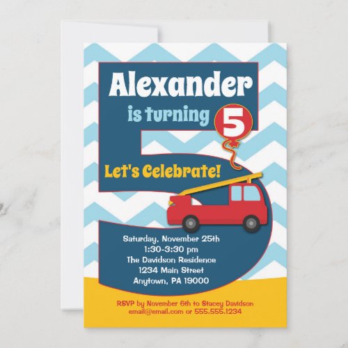 Boys 5th Birthday Invitation Fire Truck