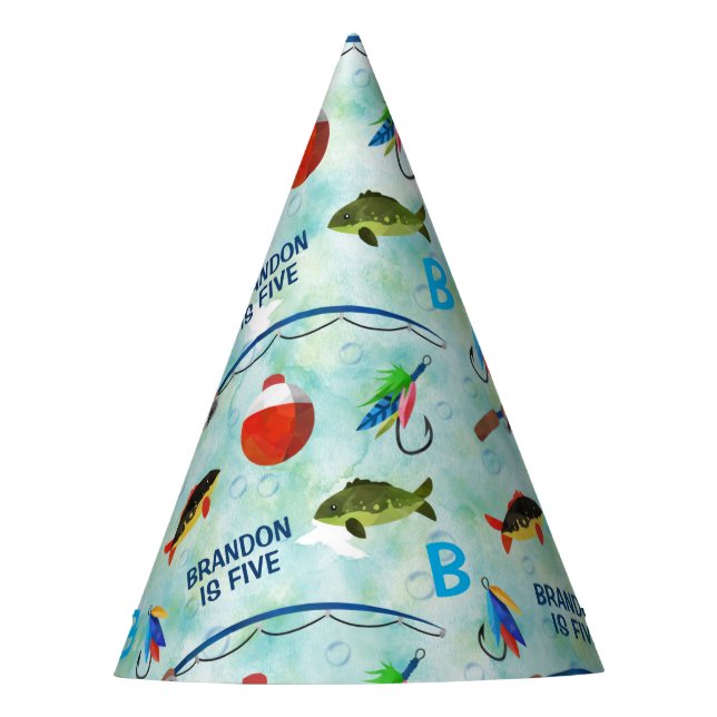 Boys 5th birthday o-fish-ally fishing themed  party hat (Front)