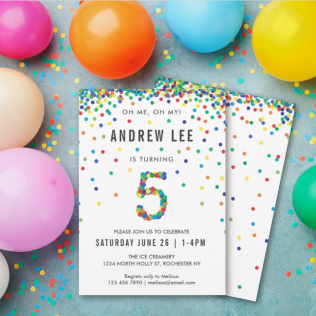 Boys 5th Birthday Party, Primary Color Confetti Invitation (Creator Uploaded)