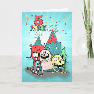 Boys 5th Birthday Red and Blue Cartoon Monsters Holiday Card