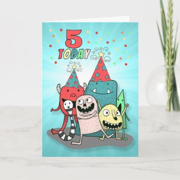 Boys 5th Birthday Red And Blue Cartoon Monsters Holiday Card by SalonOfArt at Zazzle