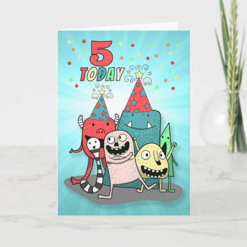 Boys 5th Birthday Red and Blue Cartoon Monsters Holiday Card