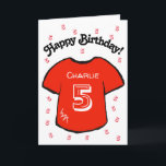 boy's 5th birthday red football shirt card<br><div class="desc">Personalized boy's 5th birthday card with a red football/ soccer shirt design. A lovely card for a son or grandson who is turning five. If desired, the card can be customized to any age and your own message, as well as the child's name can be included. Blue versions of this...</div>