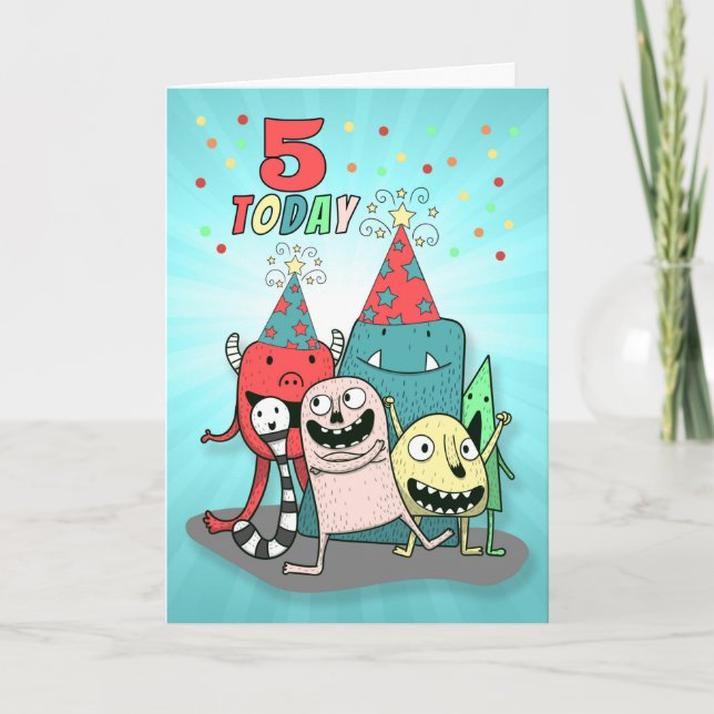 Boy's 5th Colorful Monster Birthday Card (Front)