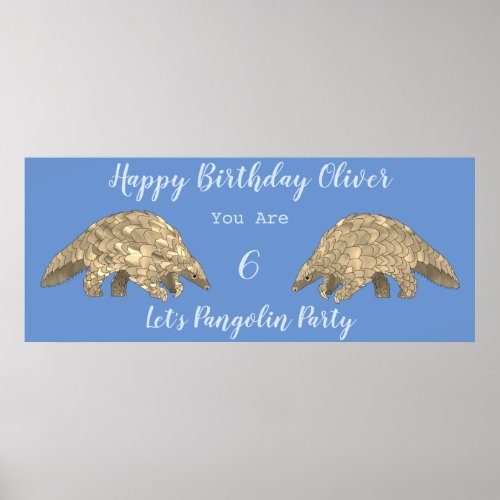 Boys 6th Birthday Party Pangolin Blue Themed Poster