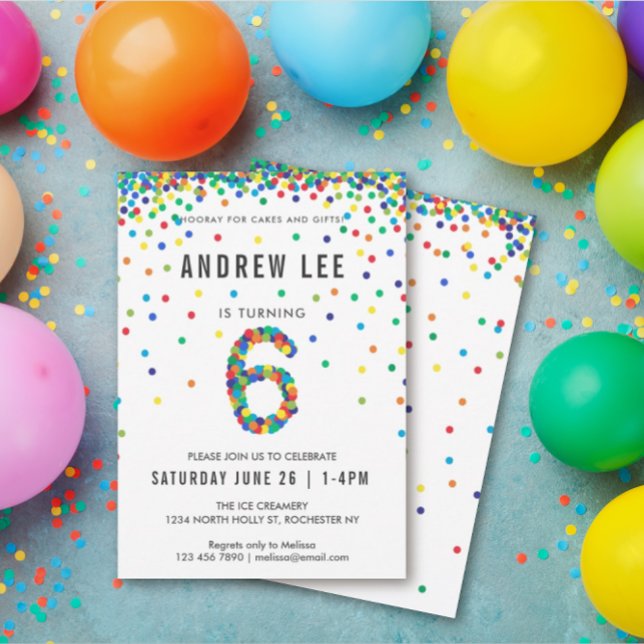 Boys 6th Birthday Party, Primary Color Confetti Invitation (Creator Uploaded)