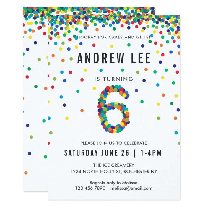 Boys 6th Birthday Party Primary Color Confetti Invitation Zazzle Com