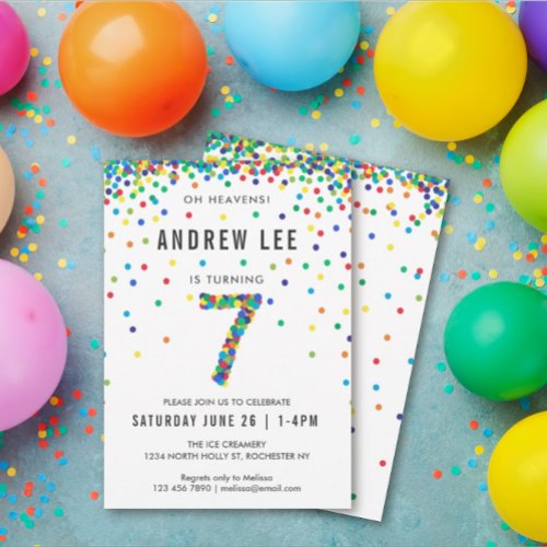 Boys 7th Birthday Party Primary Color Confetti Invitation