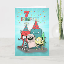 Boys 7th Birthday Red and Blue Cartoon Monsters