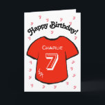 boy's 7th birthday red football shirt card<br><div class="desc">Personalized boy's 7th birthday card with a red football/ soccer shirt design. A lovely card for a son or grandson who is turning seven. If desired, the card can be customized to any age and your own message, as well as the child's name can be included. Blue versions of this...</div>