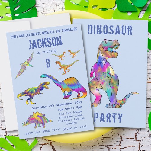 Boys 8th Birthday Dinosaur T Rex Roar Party Blue Invitation