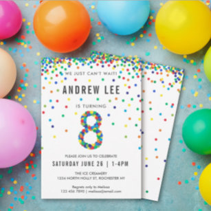 Boys 8th Birthday Party, Primary Color Confetti Invitation