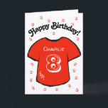 boy's 8th birthday red football shirt card<br><div class="desc">Personalized boy's 8th birthday card with a red football/ soccer shirt design. A lovely card for a son or grandson who is turning eight. If desired, the card can be customized to any age and your own message, as well as the child's name can be included. Blue versions of this...</div>