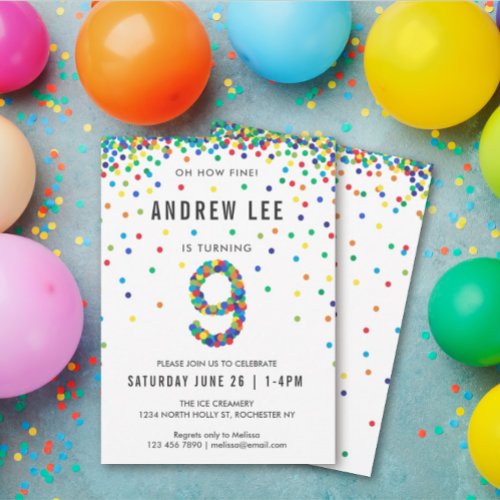 Boys 9th Birthday Party Primary Color Confetti Invitation