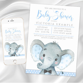 Boys Adorable Elephant Baby Shower Invitations