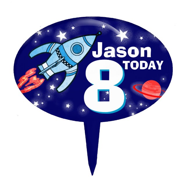 Boys age & named space blue birthday cake topper (Front)